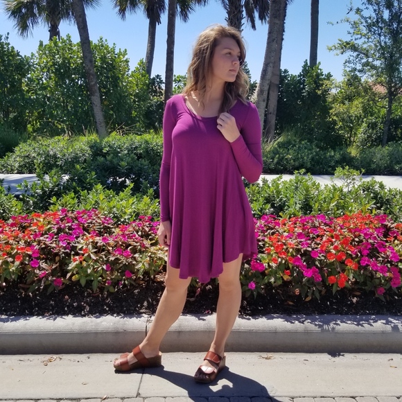Magenta V Neck Tunic Boho Dress - Picture 3 of 6